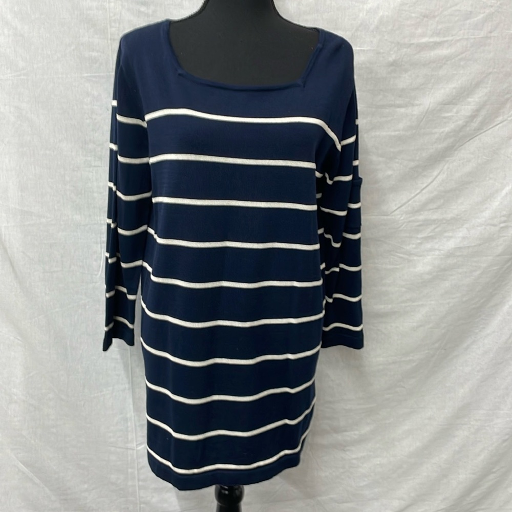 Nina Patrick knit tunic, navy w/ diagonal white stripes, cotton and silk, size L